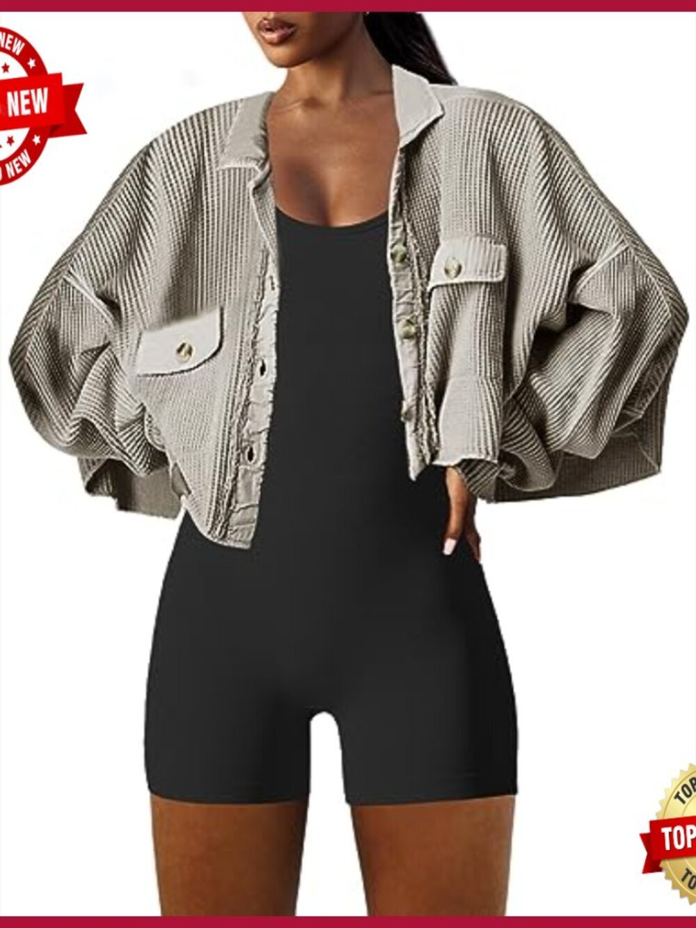 Cropped Waffle Knit Shacket Batwing Sleeve Button Down Jacket with Pocket - Picture 4 of 6